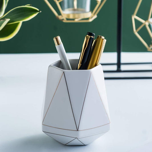 Ceramic Desk Cute Pen Holder Stand Gold Line Pencil Cup Pot Desk Organizer Makeup Brush Holder (White)