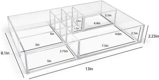 Isaac Jacobs 8-Compartment Clear Acrylic Drawer Organizer (13" L x 8.1" W x 2.3" H), Multi-Sectional Tray & Storage Solution for Makeup, School & Office Supplies, Bathroom, Kitchen