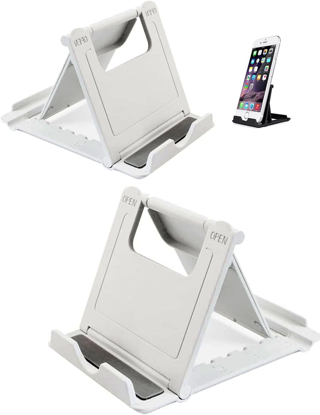 Portable Cell Phone Stand Holder for Desk, 【2 Pack】 Foldable Pocket-Sized Adjustable Mount, Universal Desktop Kickstand Compatible with iPhone, iPad, Kindle & Android Devices - White & White