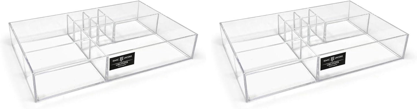 Isaac Jacobs 8-Compartment Clear Acrylic Drawer Organizer (13" L x 8.1" W x 2.3" H), Multi-Sectional Tray & Storage Solution for Makeup, School & Office Supplies, Bathroom, Kitchen