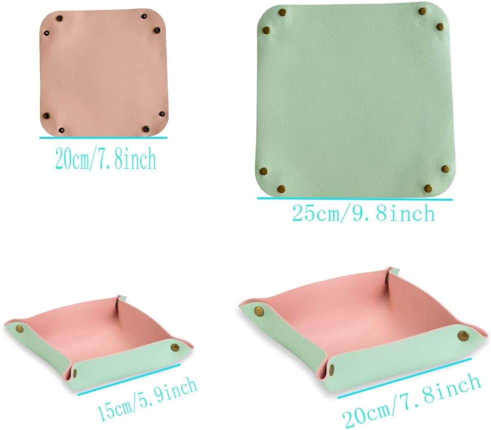 Leather Travel Tray, Valet Tray, Stylish Folding Travel Organizer Tray for Women and Man, Jewelry Tray, Wallet Tray, Key Tray for Entryway Table and Dresser Nightstand Trays (Light Green&Pink)