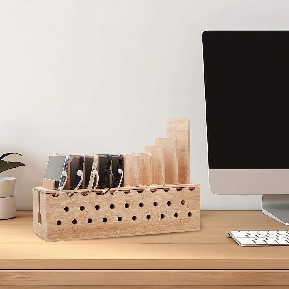 OLYCRAFT Charging Station Rack Cable Box Organizer with Multiple Charging Station Rack Cord Management Box Desk Charger Organizer Wood Charging Display Holder for 10 Mobile Phones Tablets Laptop