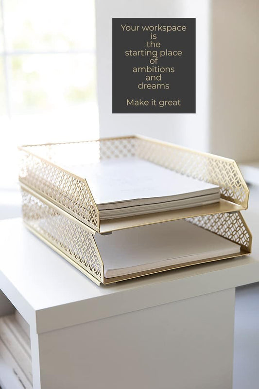 BLU MONACO | Paper Tray Stackable Gold Set of 2 | Stackable File Trays for Desk Organization | Tiered Desk Organizer with Metal Letter Trays