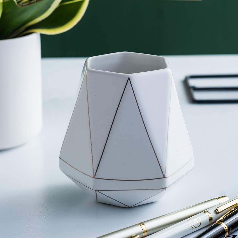 Ceramic Desk Cute Pen Holder Stand Gold Line Pencil Cup Pot Desk Organizer Makeup Brush Holder (White)