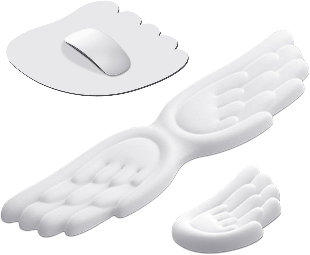 JIKIOU Angel Wing Wrist Rest Ergonomic Memory Foam Wrist Rest for Computer Keyboard Mouse Set, Cute Leather Keyboard & Mouse Support with PU Anti-Slip Base Waterproof White