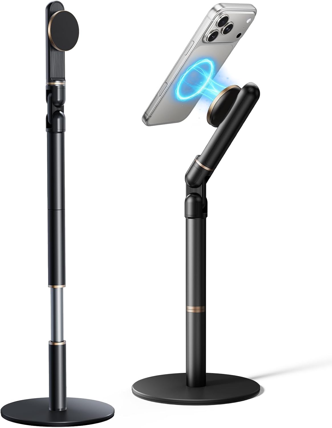 Height/Angle Adjustable Phone Holder, 10"-25" Retractable Tall Phone Stand for Desk,720°Rotatable+180flip Phone Holder Stand for Video Calls Kitchen Table Office Etc -Clip Type