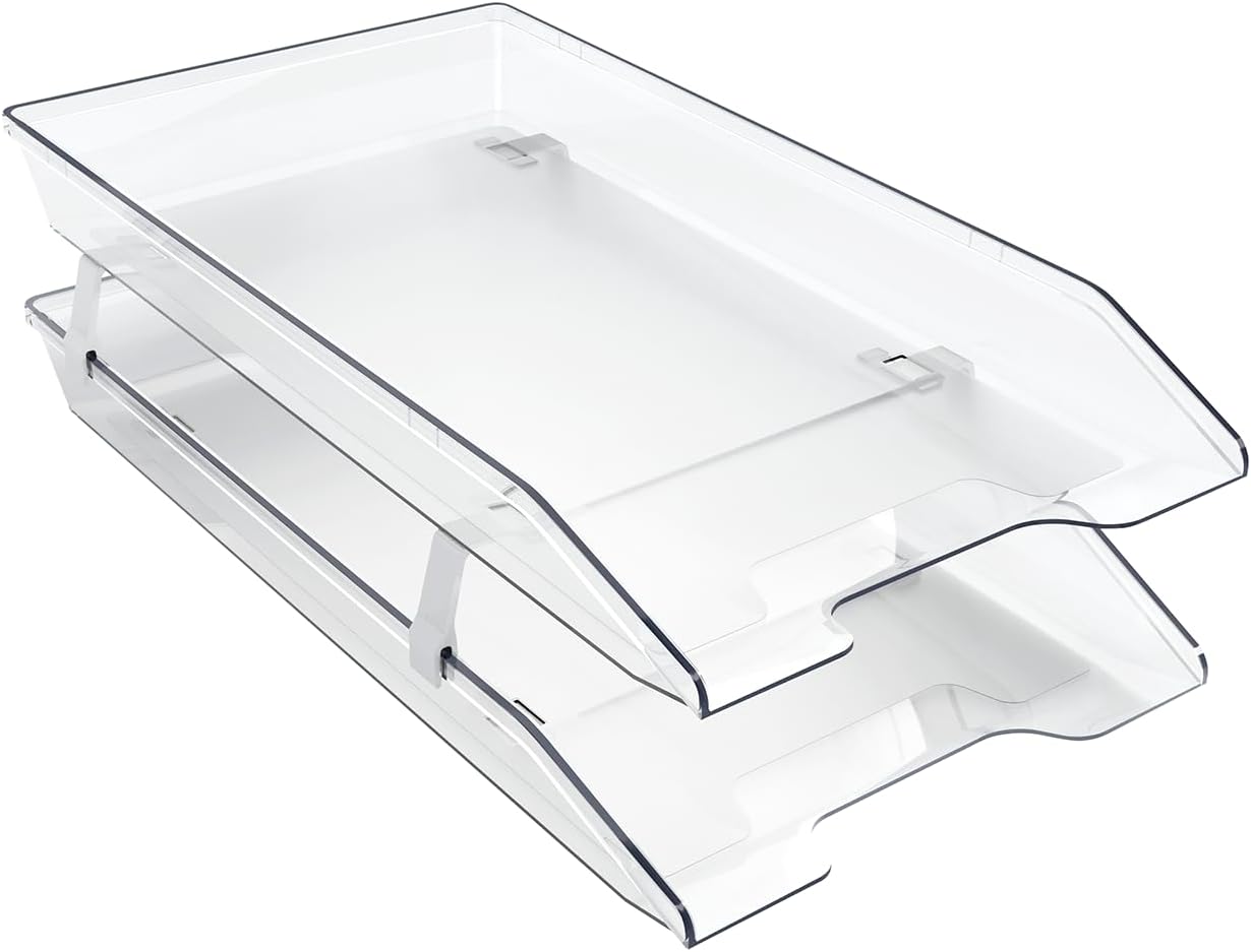 Acrimet 2-Tier Legal Size Paper Tray Organizer, Made in USA, Plastic Desk File Organizer, Front-Load Document Tray for Office, Home & School, Clear Crystal