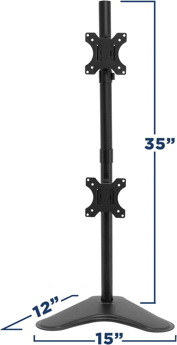 Mount-It! Vertical Dual Monitor Stand, Stacked Desk Mount Fits Two 13–32 Inch Screens up to 17.6 lbs Each, Height Adjustable Free Standing Pole with Tilt Swivel Rotate, Ergonomic VESA Riser, Black