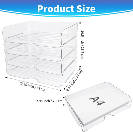4 Pack Stackable Letter Tray for Desk, Clear File Organizer for Files, iPad, Letters, A4 Office Files, Books, Notes, Vertical