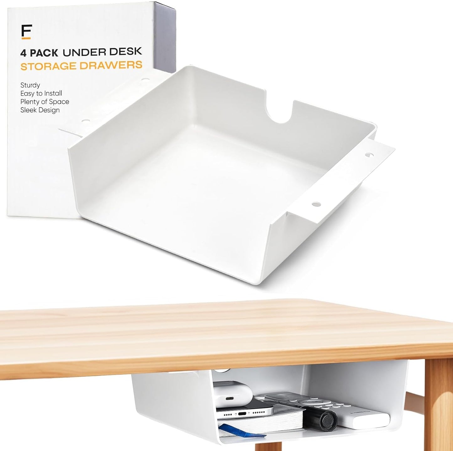 2 Pack Under Desk Hanging Drawer Slide Pull Out, Attachable Clear Acrylic Storage Tray, Easy Hidden Self Adhesive Mount Cabinet Shelf Holder for Tables, Home & Office, Counters, Workstation