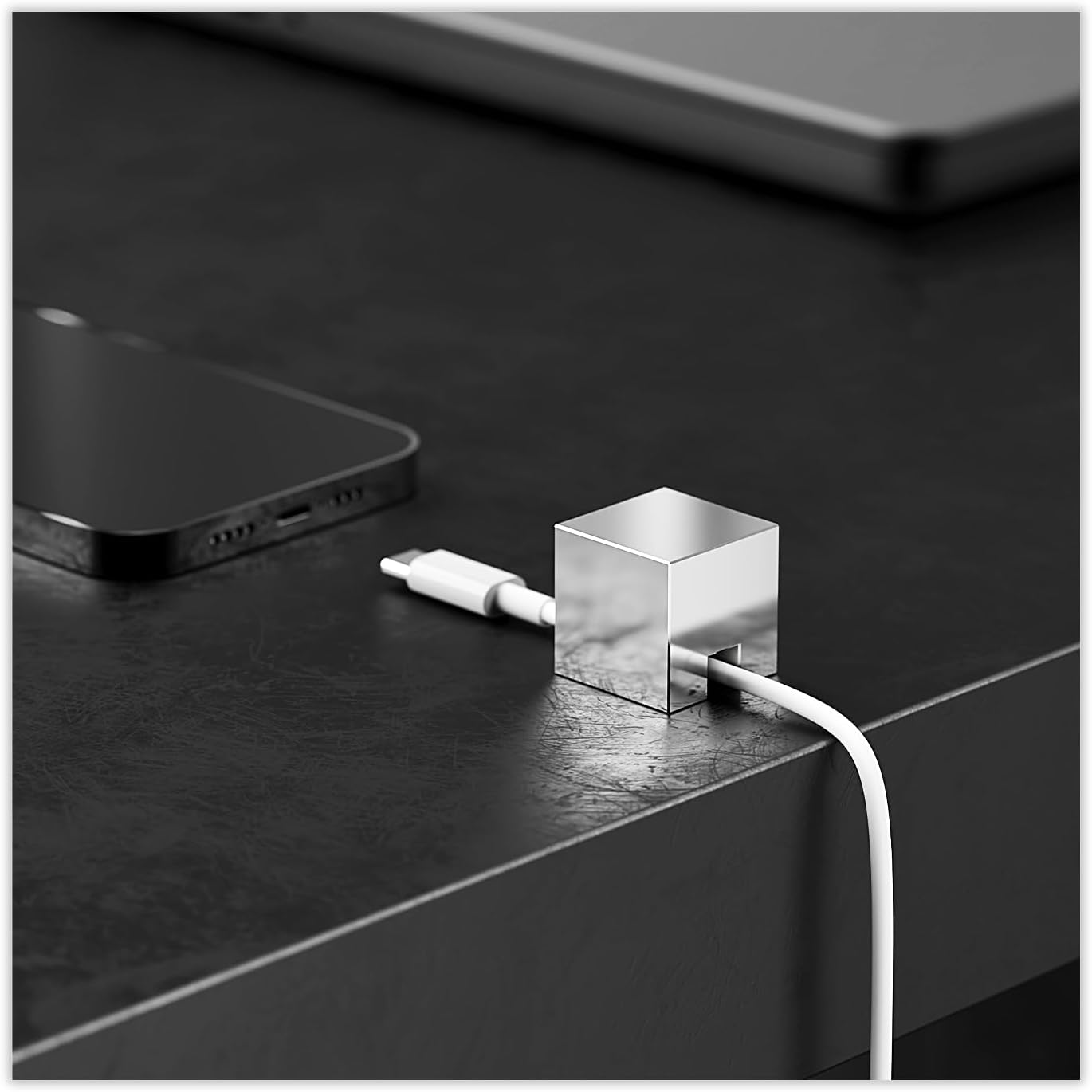 Metal Cord Holder, Weighted Cable Organizer or Management, Heavy Wire Keeper for Nightstand, Desk, Bedside Table - N2U Cube Cords Strap for Lightning, USB-C Phone Charger Cables (Silver - 1 PCS)