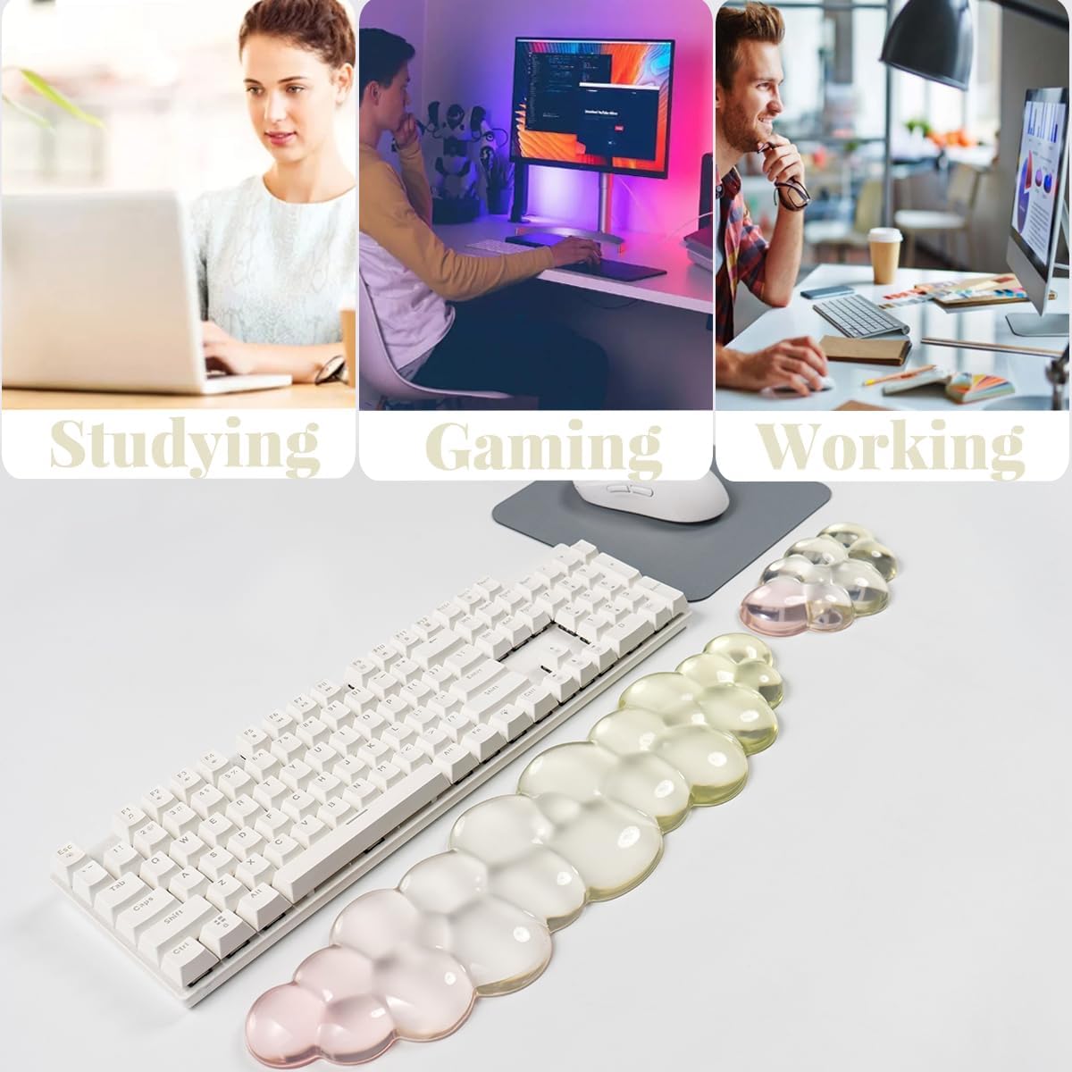 Gel Keyboard Wrist Rest Cloud Set, Clear Ergonomic Wrist Support and Arm Support Keyboard Rest for Typing Pain Relief, with Non-Slip Soft Washable Wrist Rest(Pink Blue)