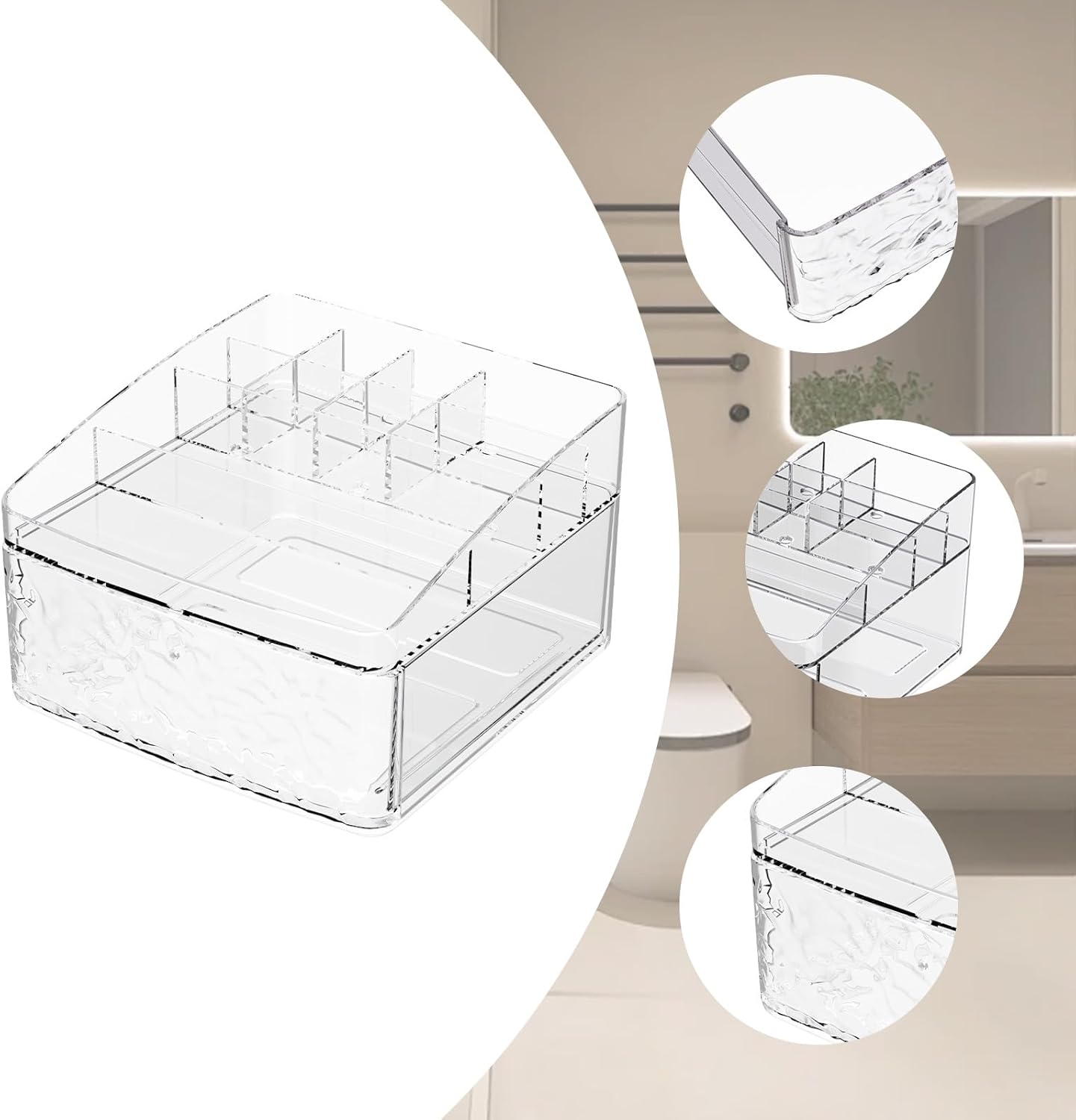 Clear Plastic Countertop Makeup Organizer Compact Rectangular 9-Section Grid with Pull-Out Drawer Dedicated for Brushes, Eyeshadow Palettes & Beauty Supplies