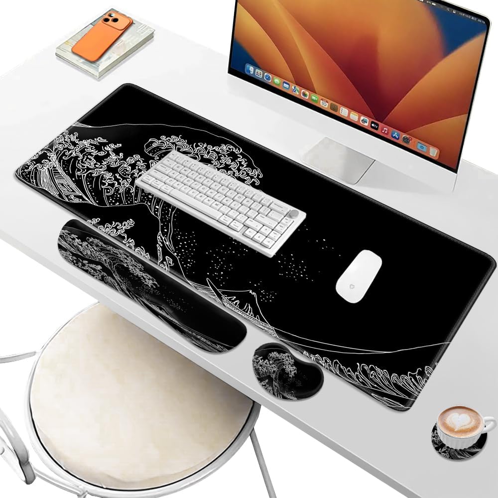 Desk Pad and Keyboard Wrist Rest, Large Mouse Pad + Keyboard Pad+Mouse Wrist Support, Non-Slip Desk Mat Protector for Office, Home 31.5×11.8 Inches Anime Dragon