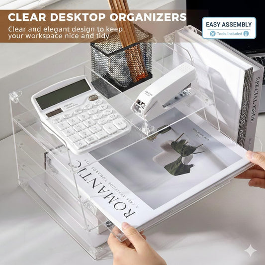 Acrylic Desk Organizer - 4-Tier Tray with Vertical File Holder for Books, Stationary, Letter, Magazines, Documents, and File Organizer - Durable Space Saving Storage, For Home and Office