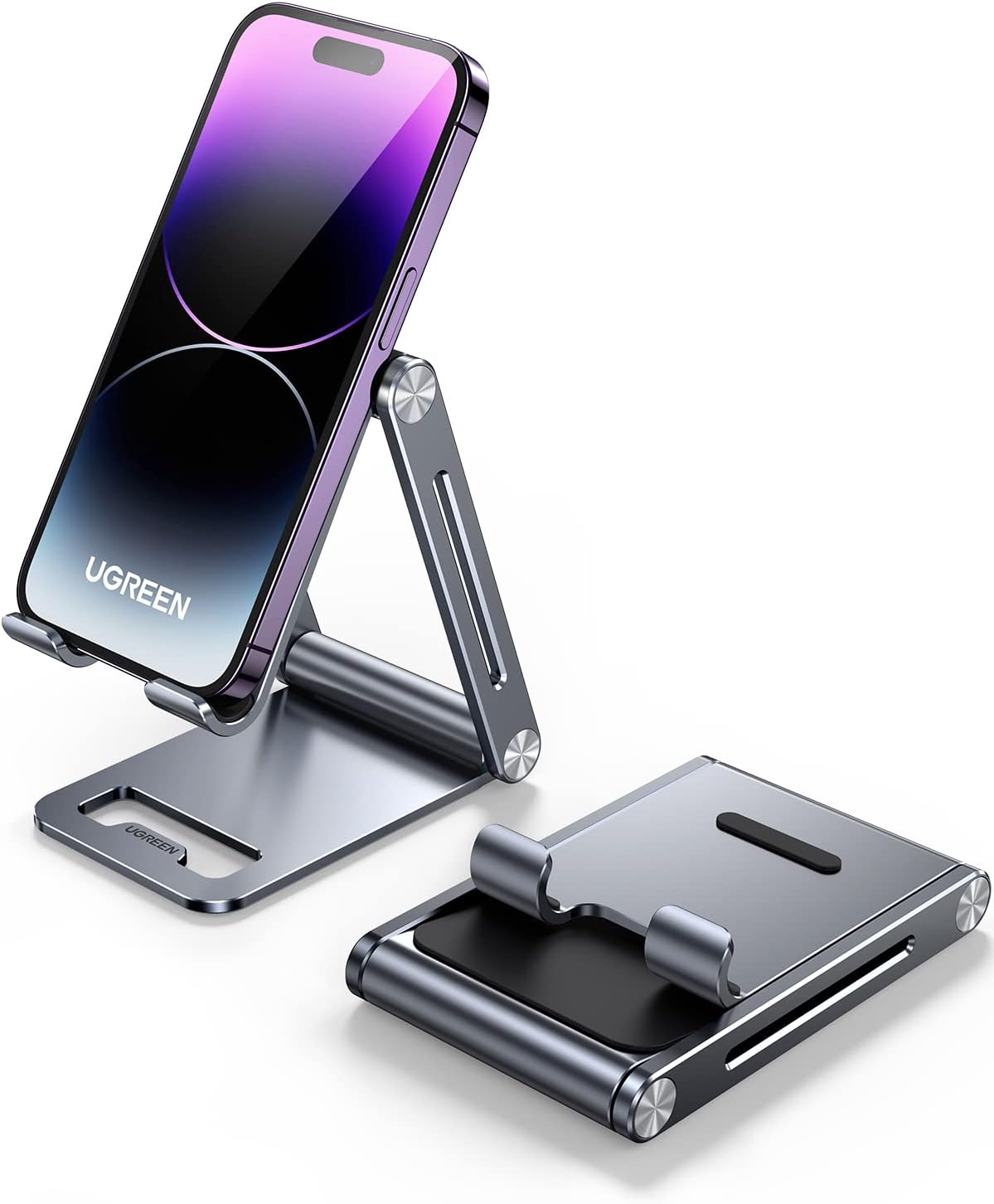 UGREEN Phone Stand for Desk Cell Phone Holder Adjustable Compatible with iPhone 17 Air/16/15/14/13 Pro Max/12 Mini/11/XS Max/XR/X/Nintendo Switch, Aluminum Metal Desktop Stand Portable, Space Grey