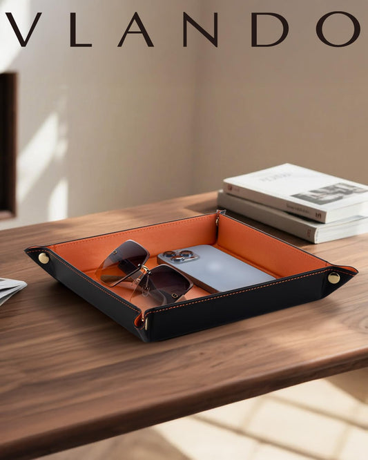 VLANDO Valet Tray for Men Women, Nightstand Organizer Vanity Catchall Holder for Dresser Desk Storage Bedside, Travel PU Leather Jewelry Key Bowl Coin Watches and Candy Entryway Tray - Large, Brown