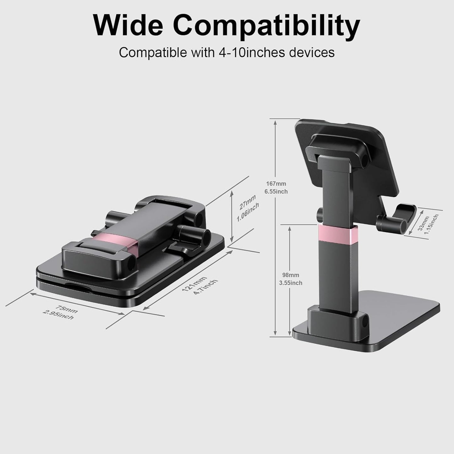 Adjustable Cell Phone Stand for Desk - Foldable Desktop Phone Holder Compatible with All 4-10 Inches Smartphone and Tablet for Workspace Organizers(1Pack Black)
