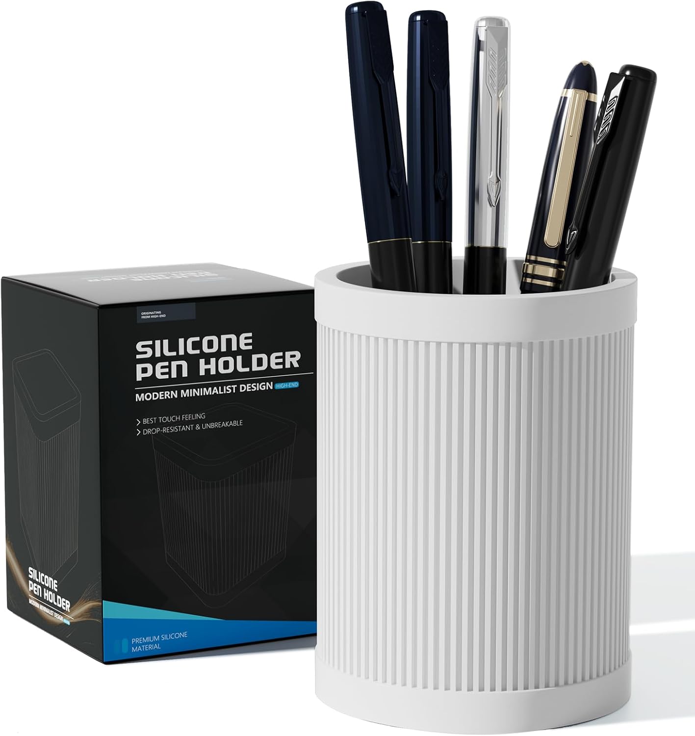 HighHerz Aesthetic Pen Holder For Desk, Modern Silicone Pencil Holder, Stylish Office Desk Decor, Made of 5 mm Thickened Premium Silicone, Office Desk Organizer And Accessories (White)