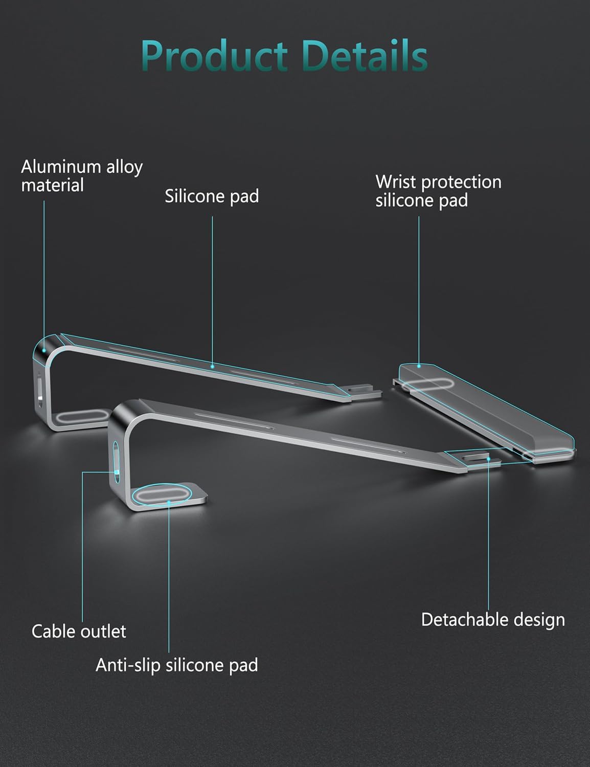 JCZT Aluminum Laptop Stand, Notebook Stand with Wrist Rest, Ergonomic Detachable Laptop Mount, Computer Stand Compatible with 10-17'' All Laptops Such as MacBook Air Pro/HP/Dell/Lenovo, Gold