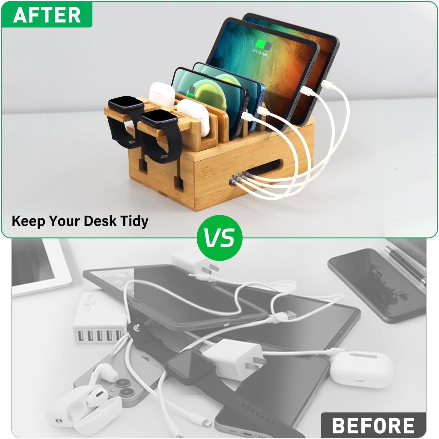 Bamboo Charging Stations for Multi Devices with 5 Port USB Charger, 6 Cables, Desktop Wood Docking Station Charger Organizer for Cell Phones, Tablets,Earphone, Watches