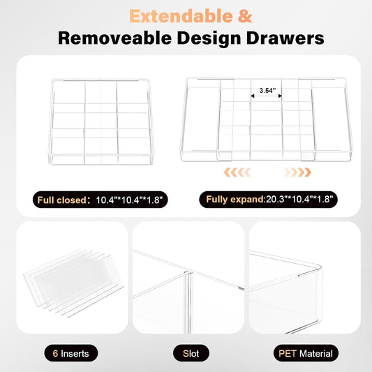 Acrylic Expandable Desk Drawer Organizer with 11 Adjustable Compartments and 6 Removable Dividers Desk Accessories for Office Kitchen Bathroom Makeup and Utensil Junk Storage (Clear, 2Pcs)