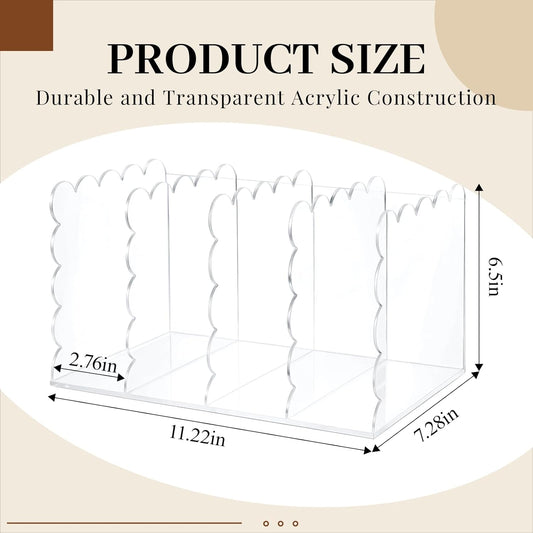 AmazingSpark Scalloped Acrylic Book Holder for Desk with 4 Vertical Compartments 11.22 x 7.28 x 6.5 Inches Clear Acrylic Magazine Organizer Storage Mail Sorter with Wave Edge Design for Office Home