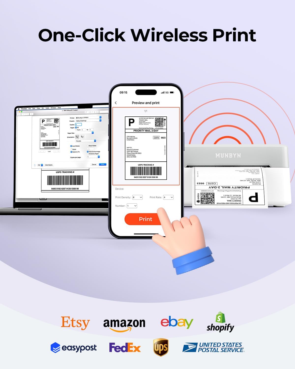 MUNBYN Bluetooth Thermal Label Printer RW403B, Wireless 4x6 Shipping Label Printer for Small Business, Compatible with Android, iPhone, Windows, Mac, Chromebook, Print Width 1.57"-4.25" (Grey)
