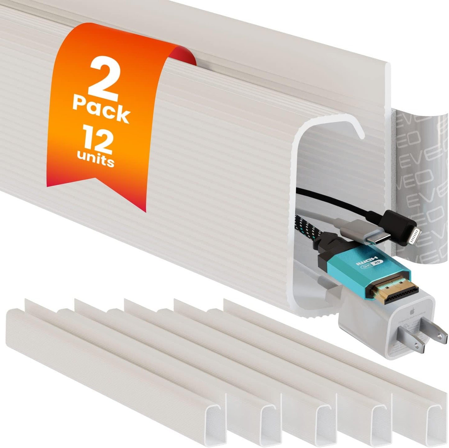 EVEO Cable Management Under Desk Kit (6 Units) - Under Desk Cable Management Cord Hider, Cable Hider Cord Management, Cable Organizer, Cable Raceway | Self-Adhesive 96'' J Channel 6X16 - Black