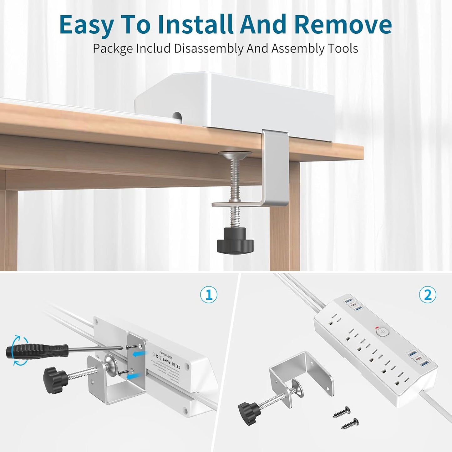 Desk Clamp Power Strip with 40W Fast Charging Station, JXGUCAT 10FT Flat Plug Desk Mount Power Strip Surge Protector, Removable Extension Cord with 2 USB-C Ports 6 Outlets, Fits 1.8" Tabletop Edge