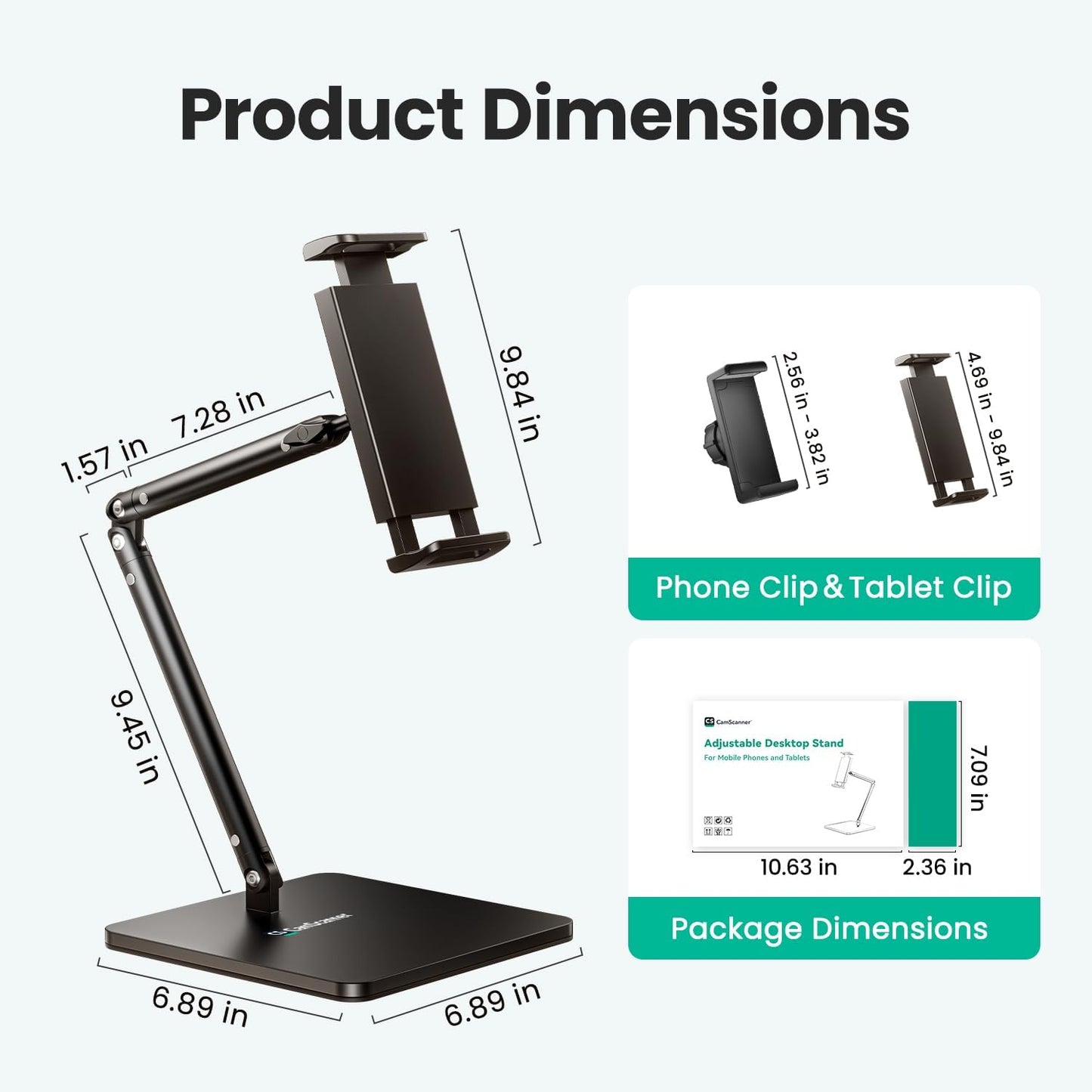 Ergonomic Phone iPad Stand for Desk - Ultra Sturdy Base, Adjustable & Foldable Mobile Holder with 2 Extendable Clamps, Work from Home Essentials Compatible with iPhone/iPad (1 Pack)