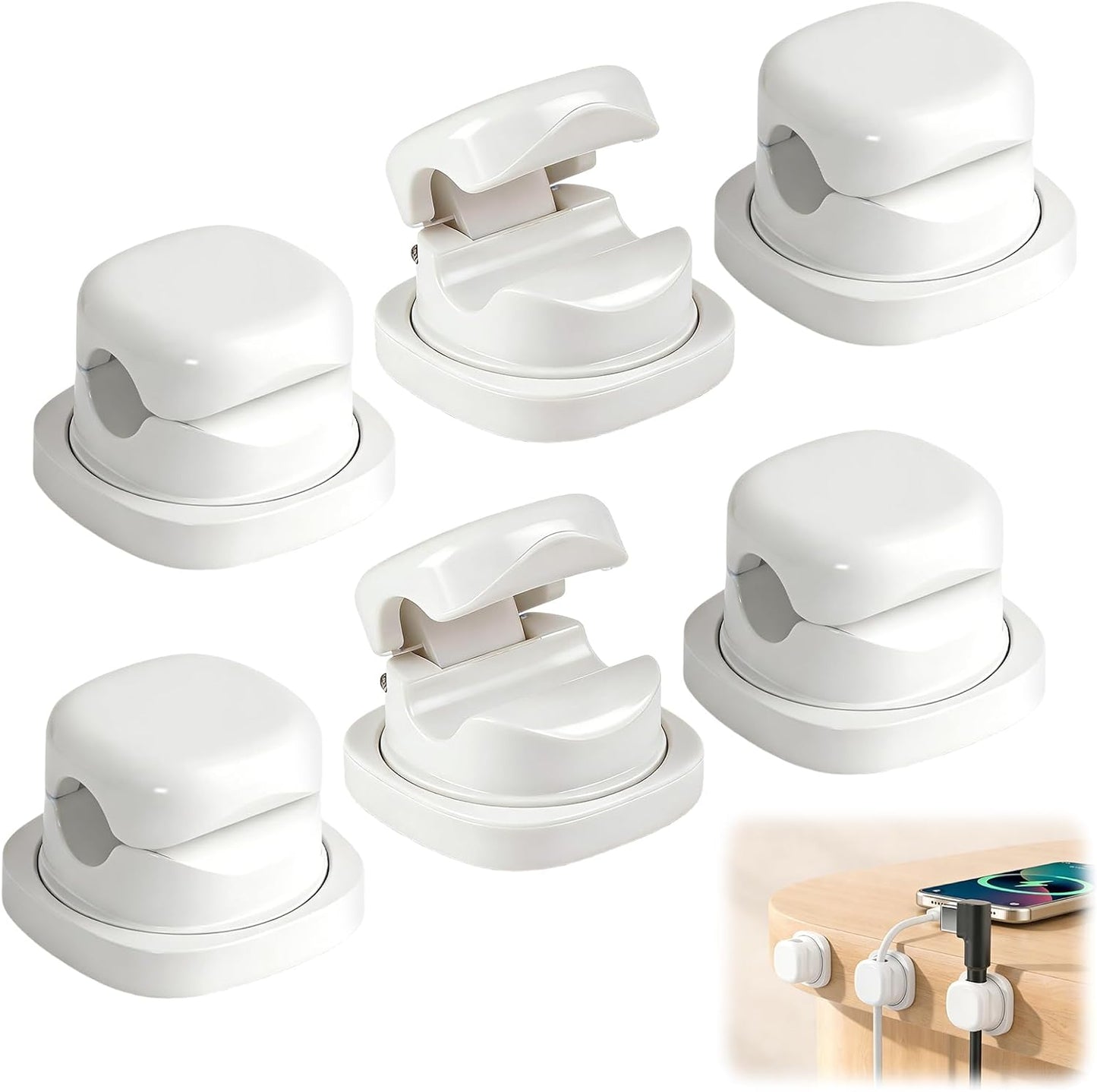 6Pcs Magnetic Cord Organizer Holder,Cord Holder for Nightstand,360° Rotatable Spring Cable Management,Adhesive Wire Cable Clips Management Kit for Phone Charger,Computer,Office,Desk,Nightstand (White)