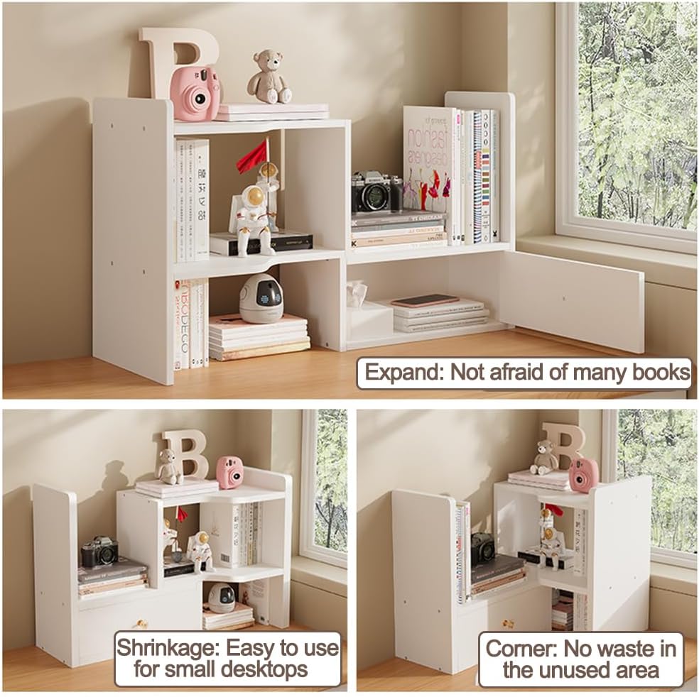 Expandable Wood Desktop Bookshelf, Freestyle Adjustable Wood Display Desk Shelf Counter Storage Rack Top Bookcase for Office & Home (White)