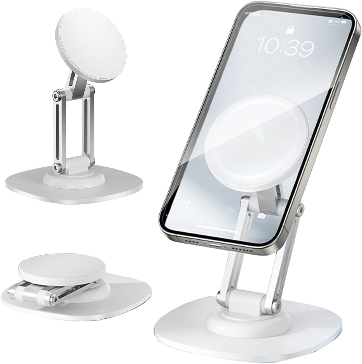 Magnetic Phone Stand for Desk 360 Rotating Adjustable Foldable Aluminum for MagSafe Cell Phone Stand Holder with Non-Slip Base Desk Stand for iPhone 17 16 Pro Max/15/14/13/12 Plus Air (White)