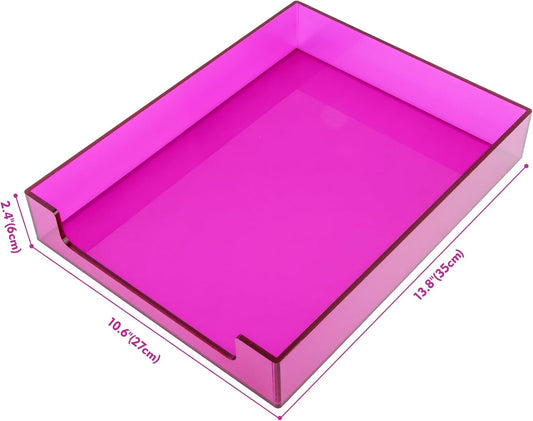 Paper Tray Acrylic File Organizer for Desk Letter Tray Desk Organizer Document Holder Sorter Storage for A4 Office Supplies Magazines, 13.8x10.6x2.4 Inches, Neon Pink