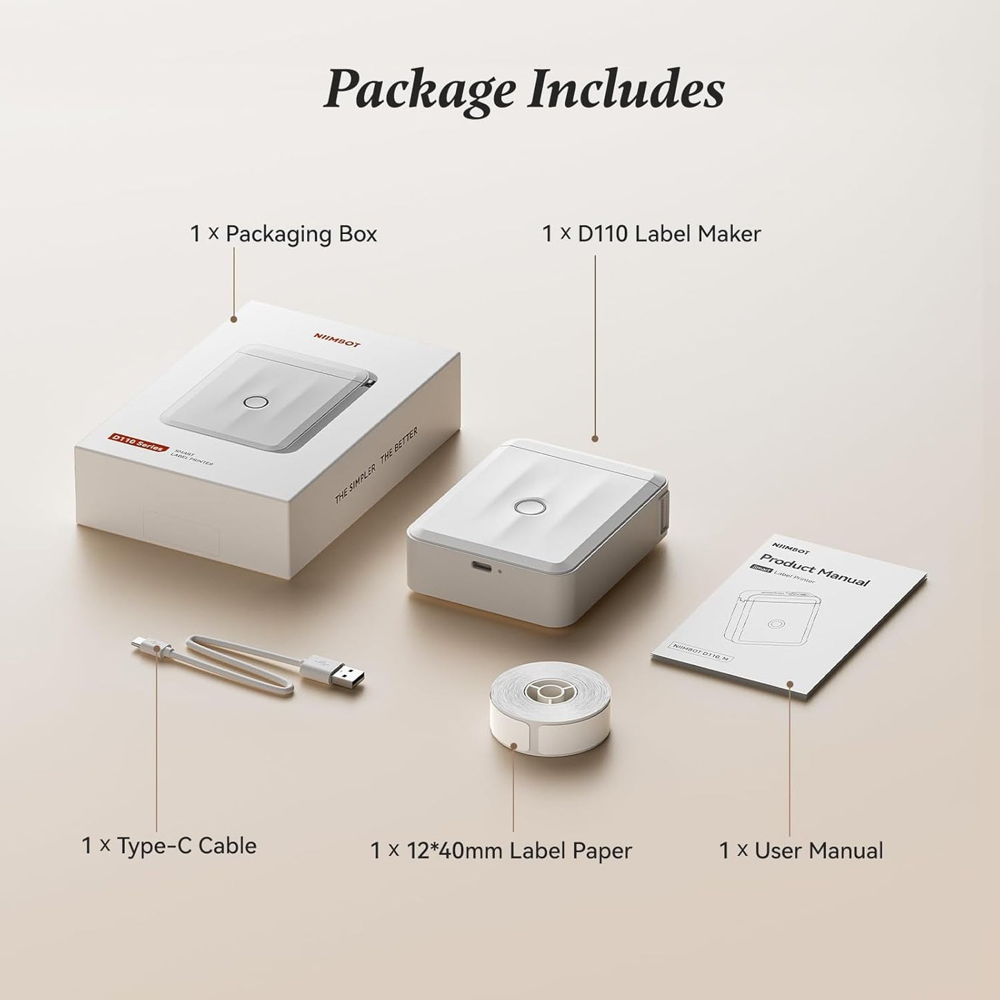 NIIMBOT Label Maker Machine Bluetooth Label Printer for School Home Office Organization, Wireless Mini Labeler D110 Upgraded Version, Label Machine with 1 Label Tape, White