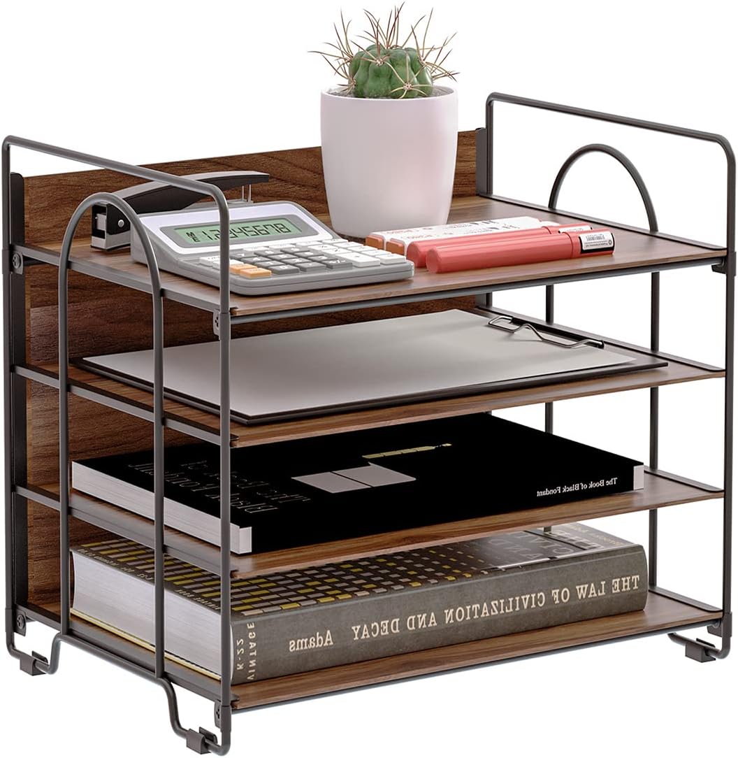 LUCYCAZ 4 Tier Paper Organizer for Desk - Wood Desk Organizer, Metal Paper Tray Organizer, File Organizer for Office Home School, Black