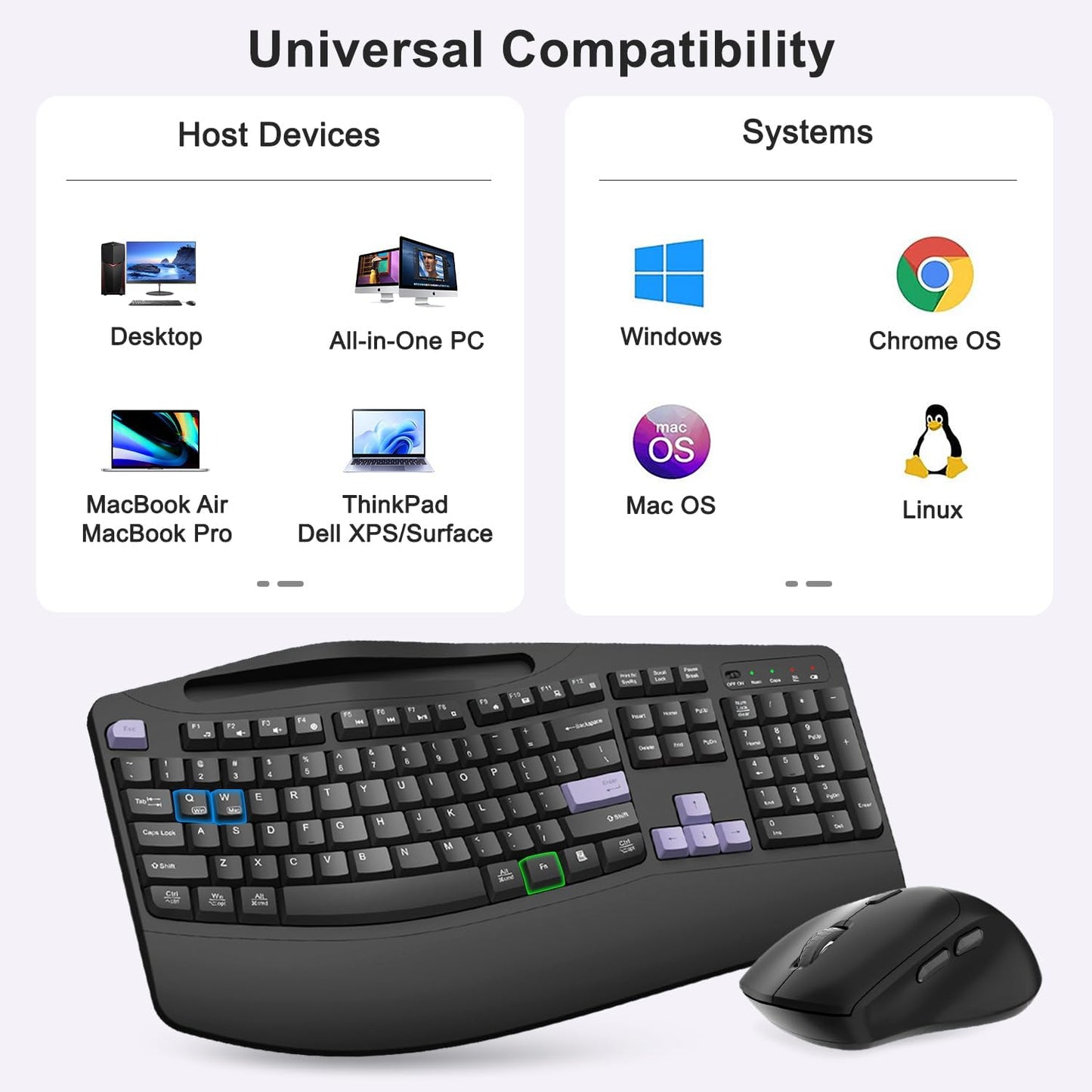 Wireless Keyboard and Mouse Combo, 2.4G Full Size Wave Keys Ergonomic Keyboard with Wrist Rest, Phone Holder, 3-Level DPI Wireless Silent Mouse with 6-Buttons, for Windows, Mac OS, Laptop, PC (Black)