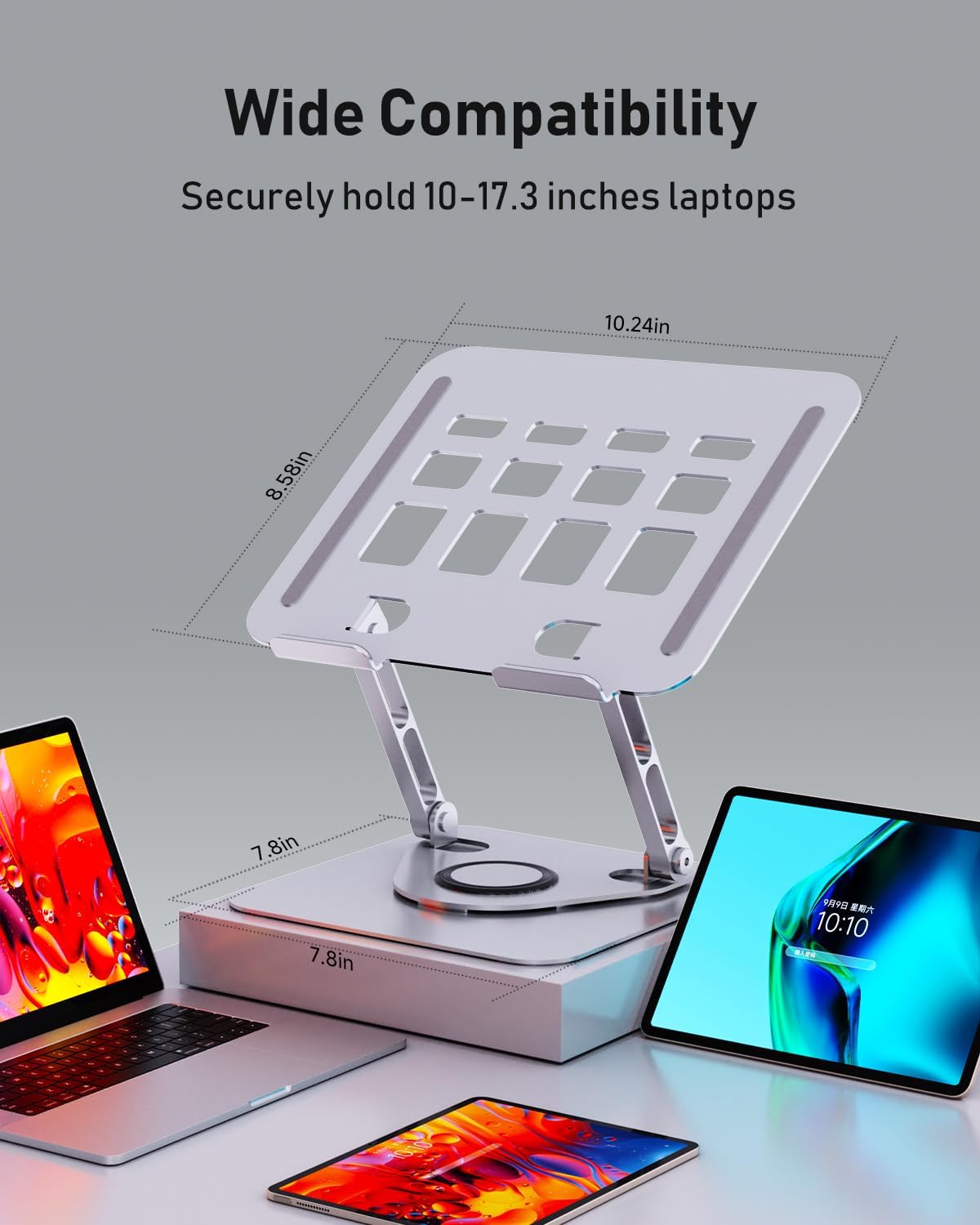 Laptop Stand for Desk, Adjustable Laptop Stand Swivel Computer Riser 360 Rotation Base, Portable Ergonomic Laptop Holder for Office Home Fits MacBook Air Pro, Dell, HP (10"-17.3") - Silver