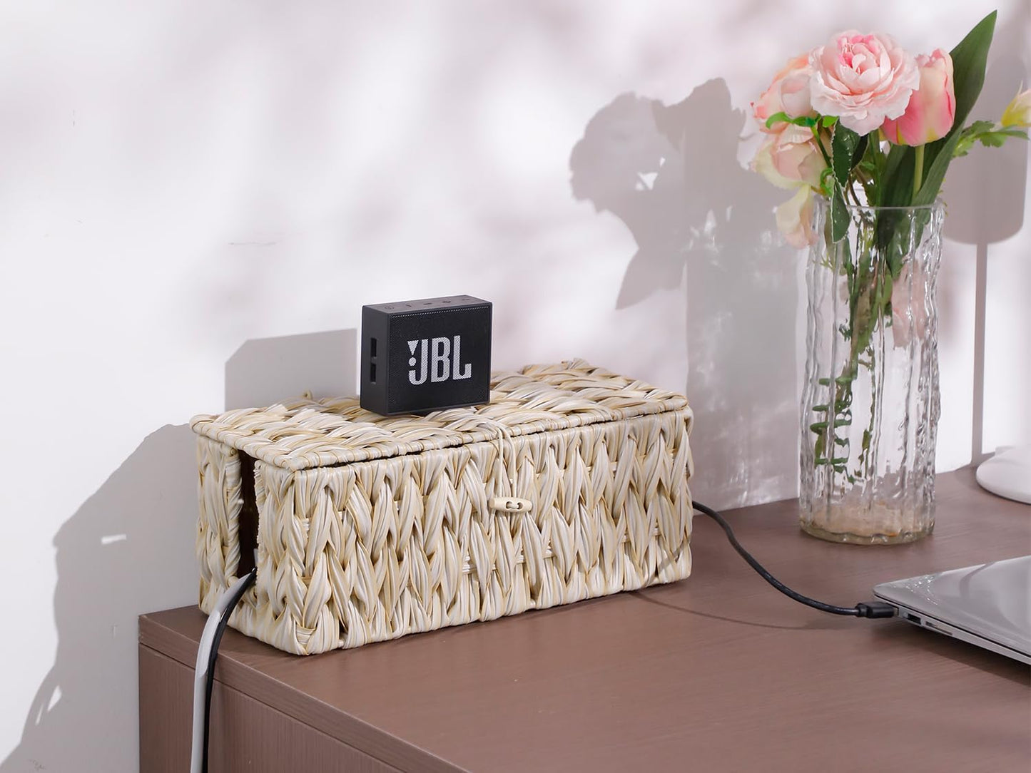 Coeusy Cable Management Box,Boho Decorative Handwoven 2 Open Slots Cord Organizer Hider Box with Lid for TV Wires, Computer, Router, USB Hub and Under Desk Power Strip