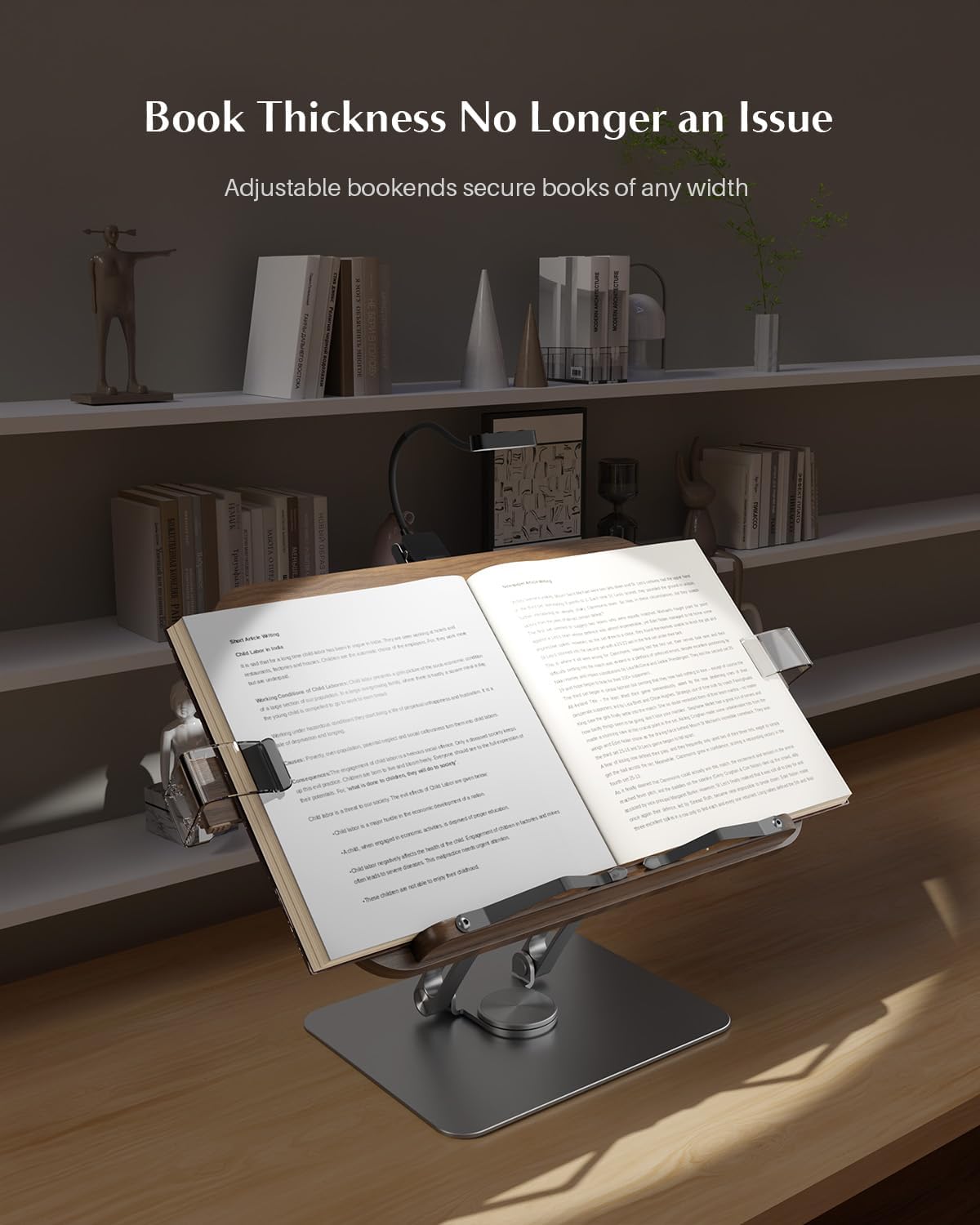 Book Stands for Reading,Adjustable Book Holder with 360° Rotating Metal Base,Foldable Cookbook Stand, Reading Hands Free with ABS Expandable Page Clips for Recipe,Textbook,Laptop