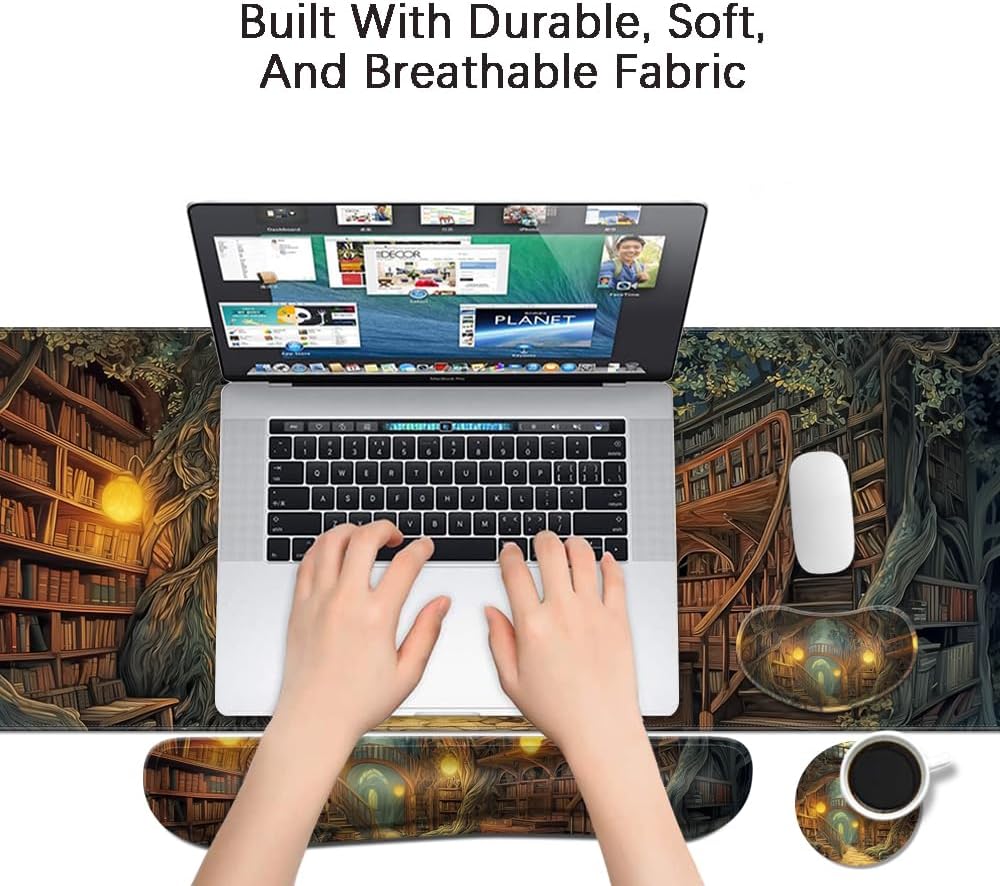 MIBITRI Keyboard Mouse Pad Set, Extended Gaming Mouse Pad+Ergonomics Keyboard Wrist Rest Support, Memory Foam, Easy Typing Pain Relief, 4Pcs XXL Ultra Thick Desk Mat, Enchanted Bookshelf