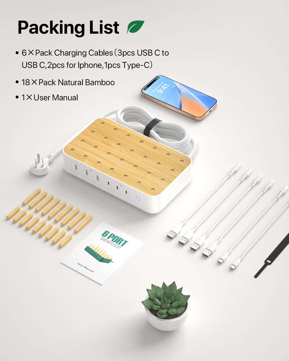 Bamboo USB-C Charging Station for Multiple Devices,60W 6 Port Charing Dock with 3 AC Outlets, 3 USB C, 3 USB A,6.6ft Power Cord for lPhone,lPad,Tablets (6 Mixed Cables Included),White