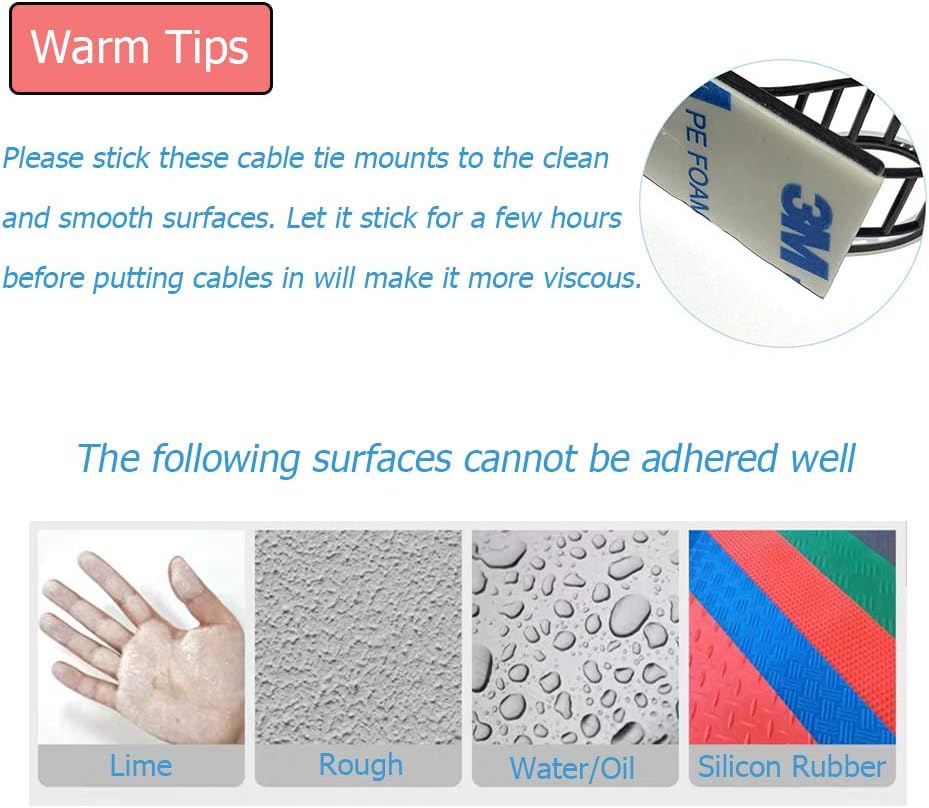 50pcs 2 Sizes Adjustable Adhesive Cable Ties Cable Clips Wire Strap Cord Clamp for Cable Management at Home and Office + 100pcs Nylon Zip Ties