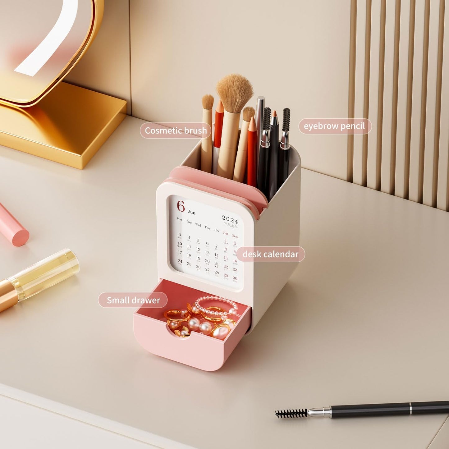 Upgraded Pen Holder with Built-in Calendar - Modern Desk Organizer for Office, School, Home, Premium Silicone Design with Chic Aesthetic, Multi-Functional Stationery & Makeup Storage - Blue