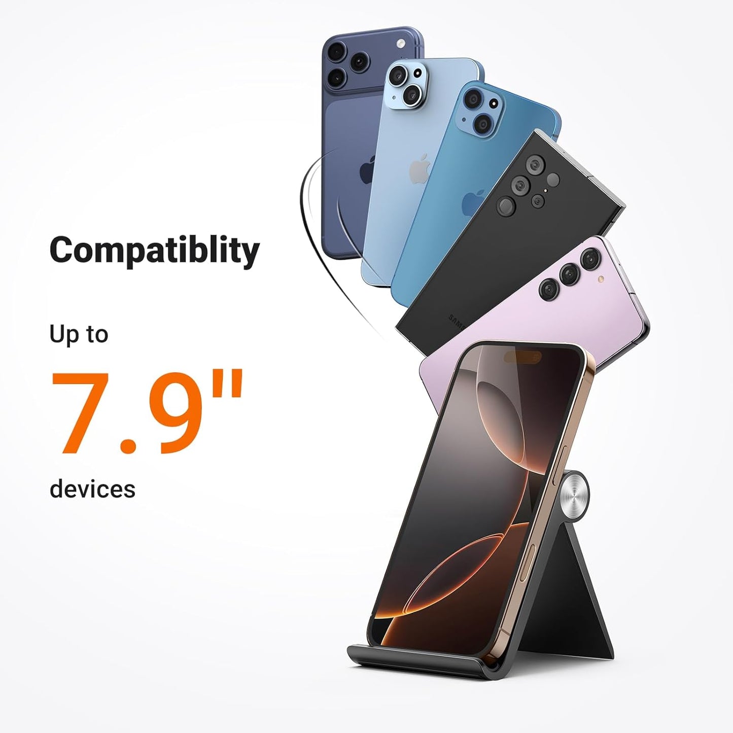 UGREEN Cell Phone Stand for Desk Portable Foldable Phone Holder Angle Adjustable Compatible with iPhone 17 Air 16 15 Pro Max 14 Plus, iPhone 13 12 11 SE XS XR Smartphone, Mini Size, Black