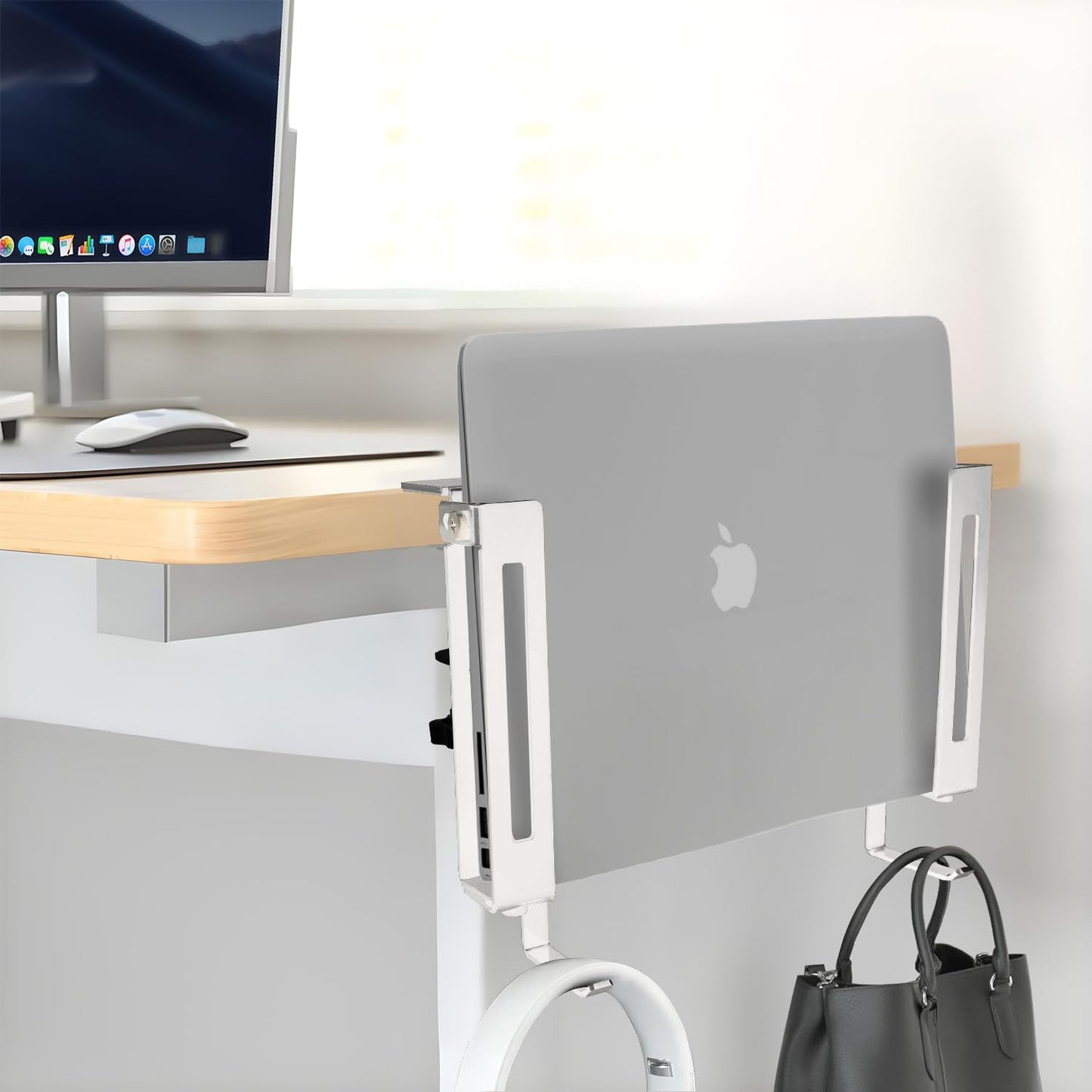 IFCASE Adjustable Desk Side Laptop Mount Holder with Headphone Hook, No Drill Desk Storage Organizer (White)