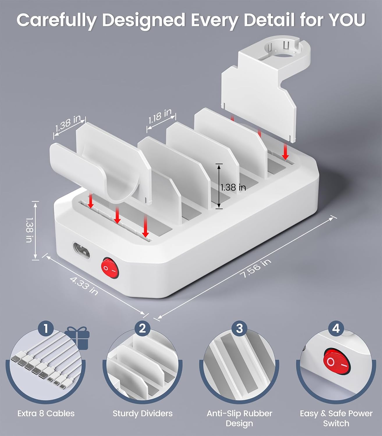 95W Fast Charging Station for Multiple Devices【UL & FCC Tested Safer Charging】 6-Port USB Charging Dock with 2 PD-Port, Compatible with iPhone/Android/MacBook/iPad/Tablet/Kindle(8 Cables Included)
