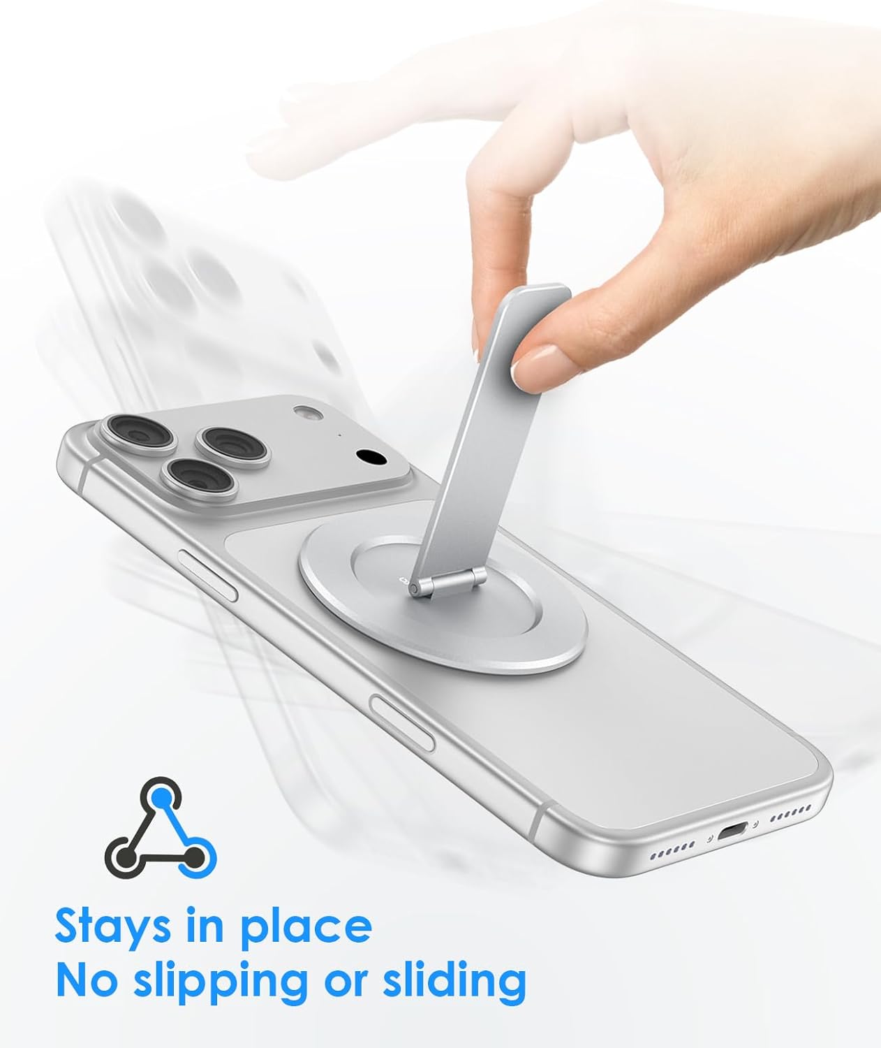 Magtame Double-Sided Magnetic Phone Stand Grip, Strong Magnetic Kickstand Desk Holder for Mag&Safe and Smartphone, Foldable Adjustable Design, Silver