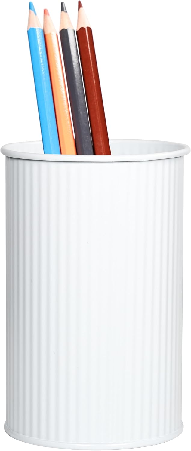 Metal Pen Holder with Vertical Groove Design, Multipurpose Desk Organizer Cup for Pens, Makeup Brushes, Utensils, Straws & Small Vase, Solid Black